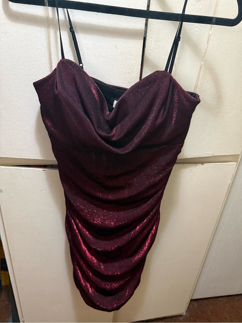 Women's Sparkle Cowl Neck Bodycon Dress in Burgundy
